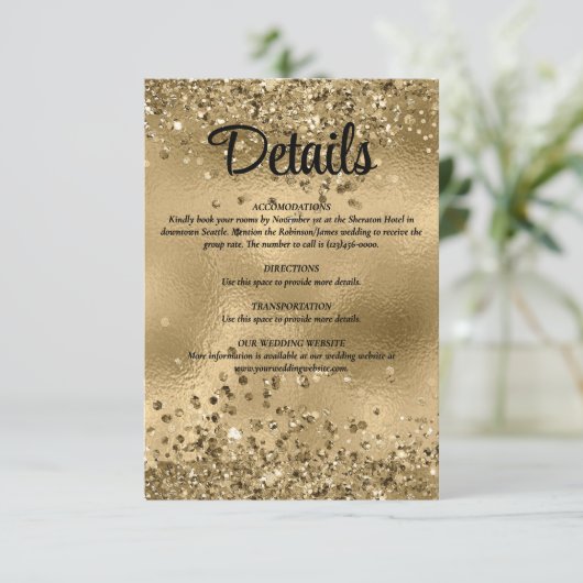 Elegante Faux Gold Glitter en Folie Wedding Detail Informatiekaartje (Staand voorkant)