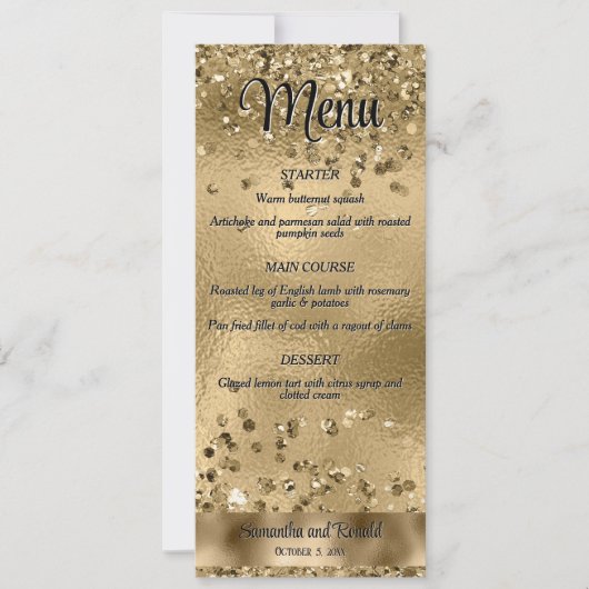Elegante Faux Gold Glitter en Folie Wedding Menu Kaart (Voorkant)