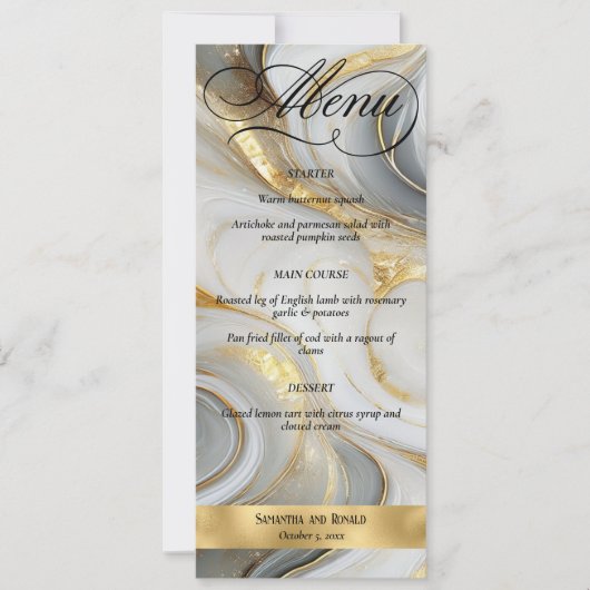 Elegante Faux Gold Grey Wit Marmerled Wedding Menu Kaart (Voorkant)