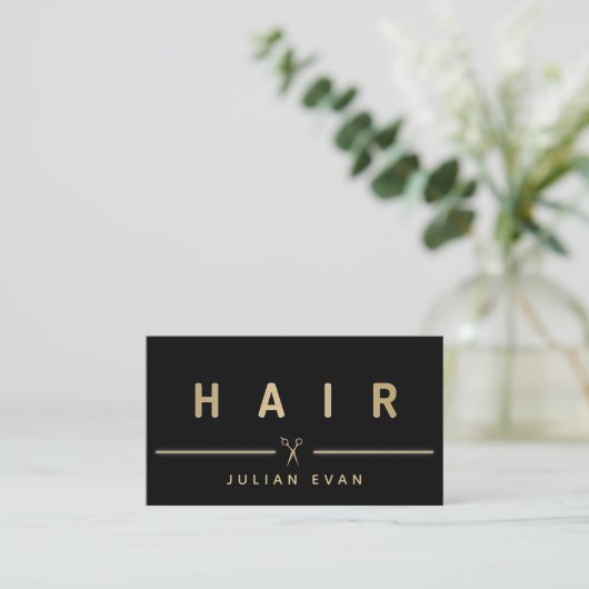Elegante Faux Gold Hair Schaar Hair Stylist Zwart Visitekaartje (Staand voorkant)