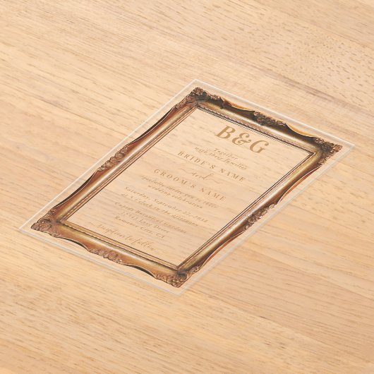 Elegante Faux Gold Lijst Monogram Huwelijk Clear Acryl Uitnodigingen (Laagn)