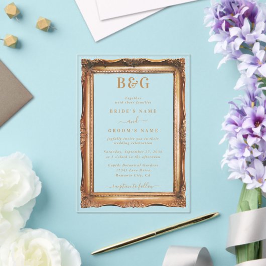 Elegante Faux Gold Lijst Monogram Huwelijk Clear Acryl Uitnodigingen (Insitu (Huwelijk))