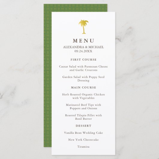 Elegante Faux Gold Palm Bruiloft Menu | Groen (Voorkant / Achterkant)
