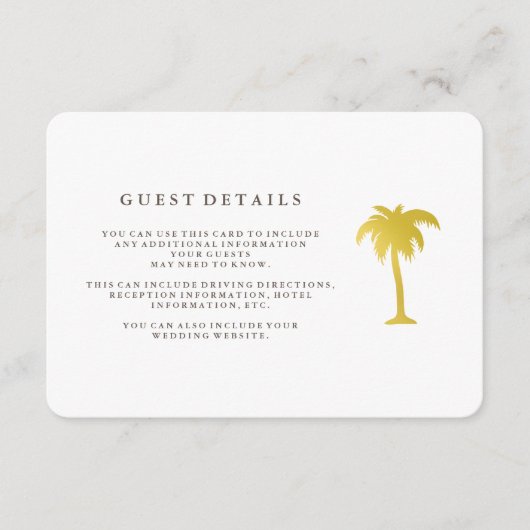 Elegante Faux Gold Palm Tree gastgegevens | Groen Informatiekaartje (Voorkant)
