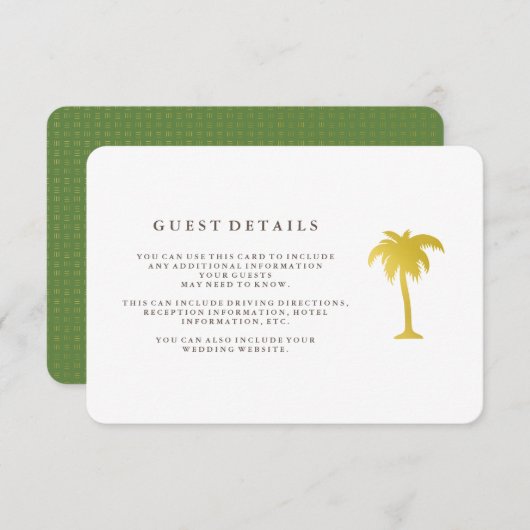 Elegante Faux Gold Palm Tree gastgegevens | Groen Informatiekaartje (Voorkant / Achterkant)