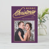 Elegante Faux Gold Script Vrolijke Kerstfoto Feestdagenkaart (Staand voorkant)