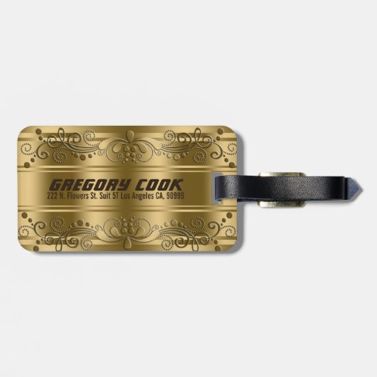 Elegante Faux Gold Stripes & Gouden Bloemen Swirls Bagagelabel (Achterkant horizontaal)