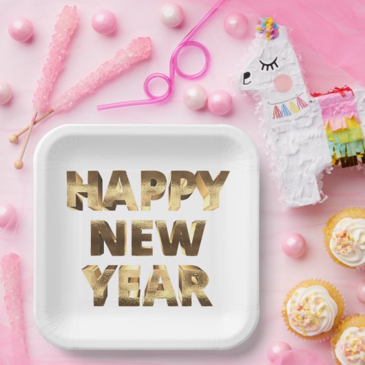 Elegante Faux Gold Typografie Gelukkig Nieuwjaar Papieren Bordje (Feest)