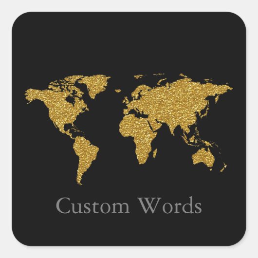 Elegante Faux Gold wereldkaart op zwarte vierkante Vierkante Sticker (Voorkant)