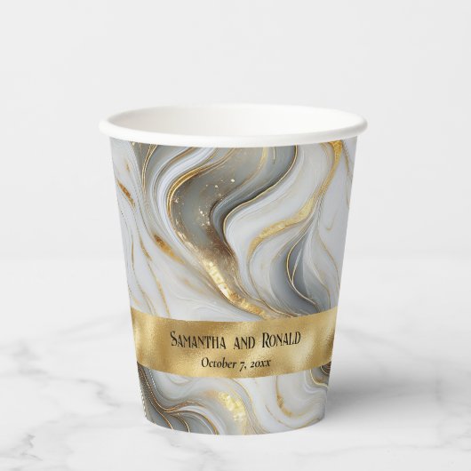 Elegante Faux Gold, White & Grey Marbled Wedding Papieren Bekers (Voorkant)