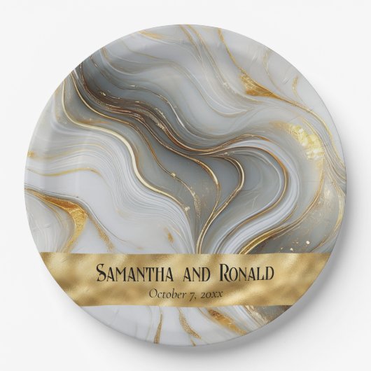 Elegante Faux Gold, White & Grey Marbled Wedding Papieren Bordje (Voorkant)