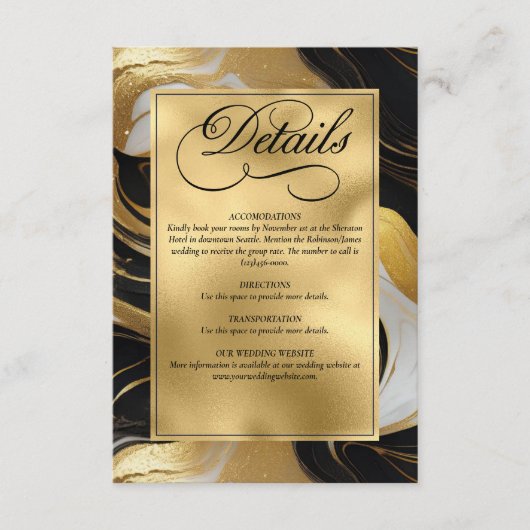 Elegante Faux Gold, zwart en wit gemarmerde bruilo Informatiekaartje (Voorkant)