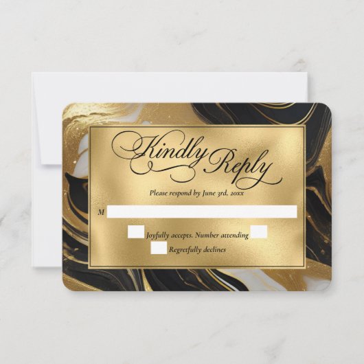 Elegante Faux Gold, zwart en wit gemarmerde bruilo RSVP Kaartje (Voorkant)