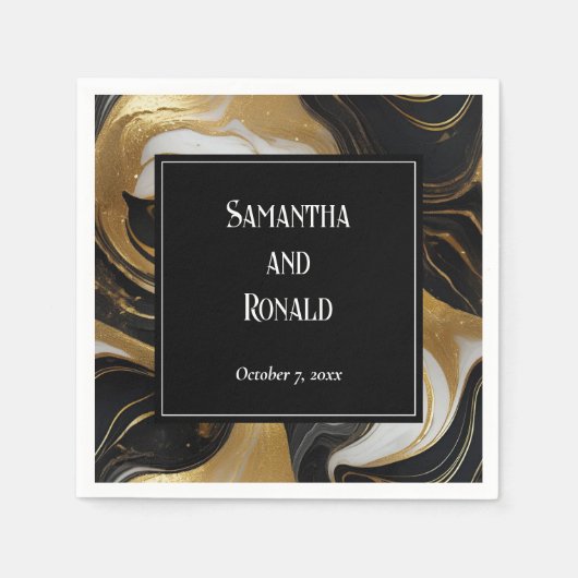 Elegante Faux Gold, zwart en wit gemarmerde bruilo Servet (Voorkant)