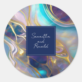 Elegante faux goud en blauwe opaal steen wervelde ronde sticker