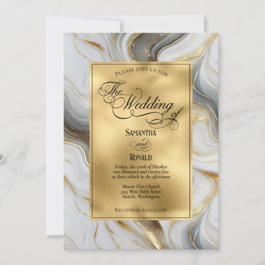 Elegante Faux Goud, Grijs en Wit Marmered Wedding Kaart (Voorkant)