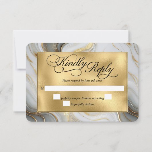 Elegante Faux Goud, Grijs en Wit Marmered Wedding RSVP Kaartje (Voorkant)