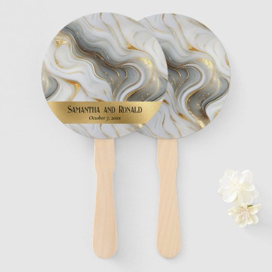 Elegante Faux Goud Grijs Wit Marmered Wedding Handwaaier (Voorkant en achterkant)