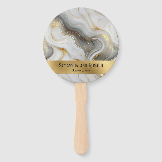 Elegante Faux Goud Grijs Wit Marmered Wedding Handwaaier (Voorkant)