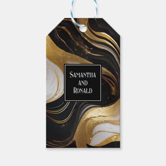 Elegante faux goud, zwart wit gemarmerd bruiloft cadeaulabel (Voorkant)