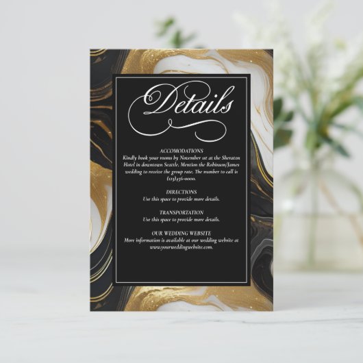 Elegante Faux Goud, Zwart & Wit Marmered Wedding Informatiekaartje (Staand voorkant)