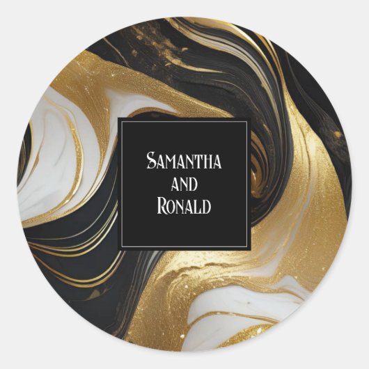 Elegante Faux Goud, Zwart & Wit Marmered Wedding Ronde Sticker (Voorkant)