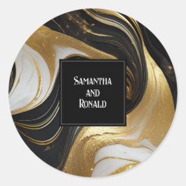 Elegante Faux Goud, Zwart & Wit Marmered Wedding Ronde Sticker