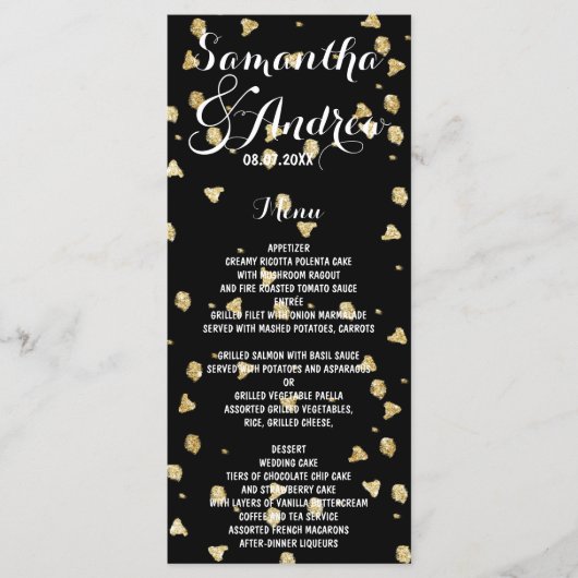 Elegante faux gouden confetti bruiloft menu (Voorkant)