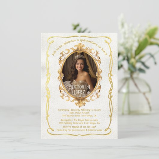 Elegante faux gouden foto koninklijke quinceanera  kaart (Staand voorkant)