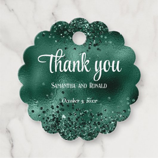 Elegante Faux Green Glitter en Folie bruiloft Bedankjes Labels (Voorkant)