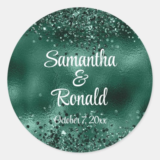 Elegante Faux Green Glitter en Folie bruiloft Ronde Sticker (Voorkant)