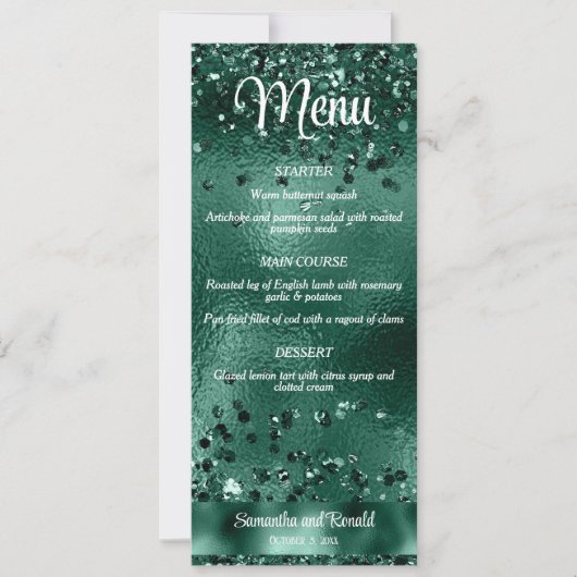Elegante Faux Green Glitter en Folie Wedding Menu Kaart (Voorkant)