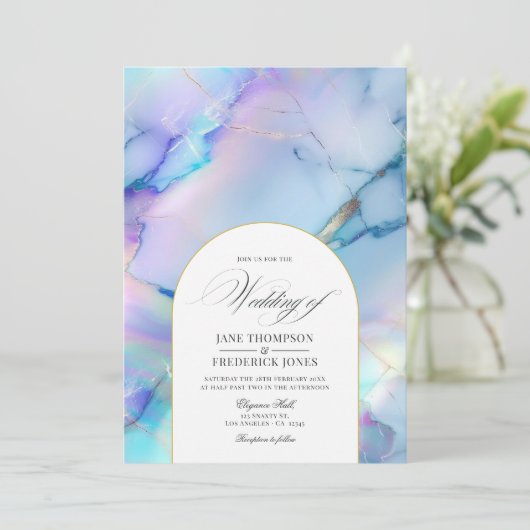 Elegante faux holografische marmeren bruiloft kaart (Staand voorkant)