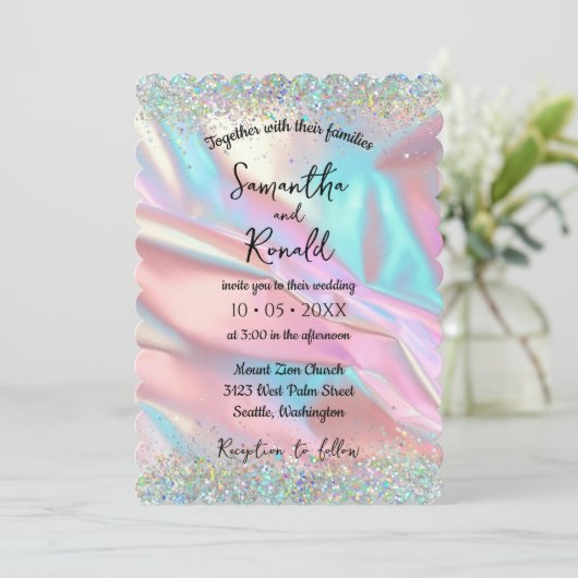 Elegante faux iriserende Folie en glitter bruiloft Kaart (Staand voorkant)