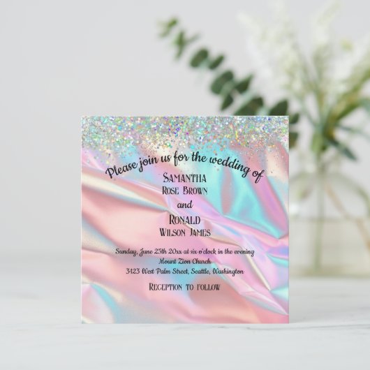 Elegante faux iriserende Folie en glitter bruiloft Kaart (Staand voorkant)