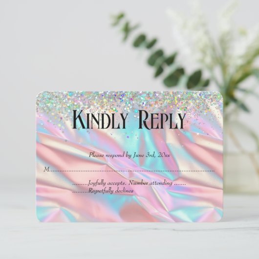 Elegante faux iriserende Folie en glitter bruiloft RSVP Kaartje (Staand voorkant)