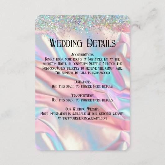 Elegante faux iriserende Folie en glitter Informatiekaartje (Voorkant)