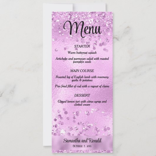 Elegante Faux Lila Glitter en Folie Wedding Menu Kaart (Voorkant)