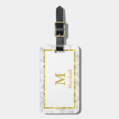 Elegante Faux Marmeren Grens Gouden Naam met Monog Bagagelabel (Voorkant verticaal)