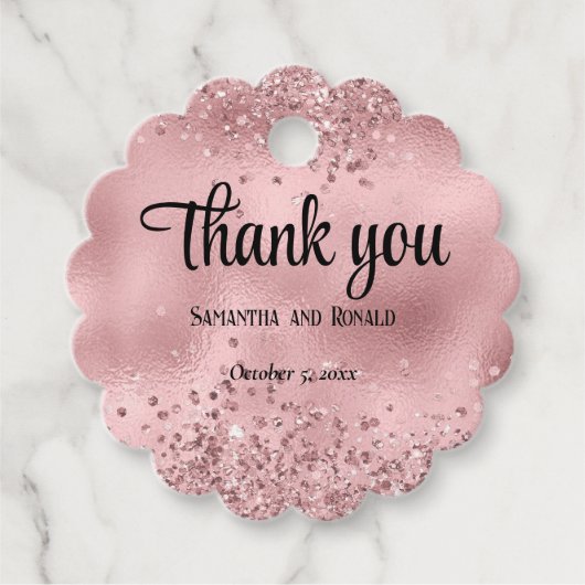 Elegante Faux Pink Glitter en Folie bruiloft Bedankjes Labels (Voorkant)