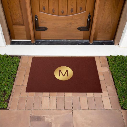 Elegante Faux Red Leather & Gold Monogram Initiaal Deurmat (Buiten)