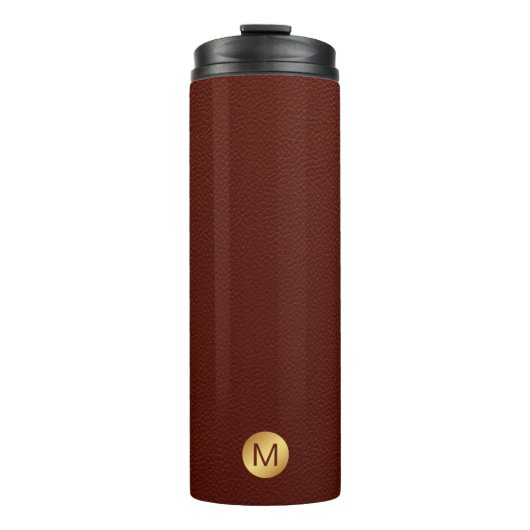 Elegante Faux Red Leather & Gold Monogram Initiaal Thermosbeker (Voorkant)