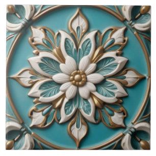 Elegante Faux Relief Classy Turquoise Bloemen Tegeltje