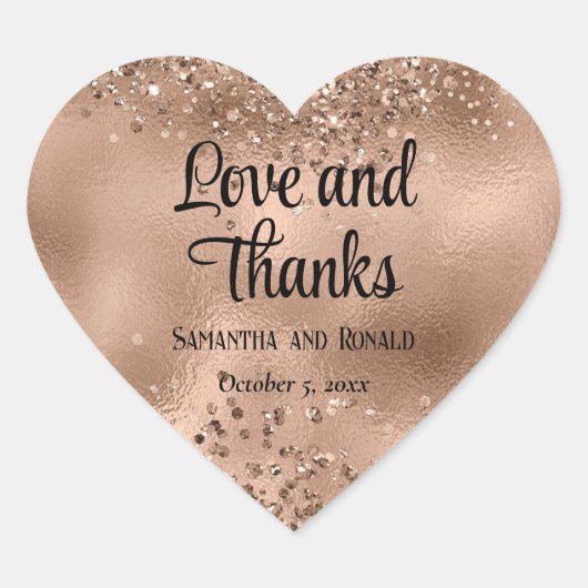 Elegante Faux Roos Gold Glitter en Folie bruiloft Hart Sticker (Voorkant)