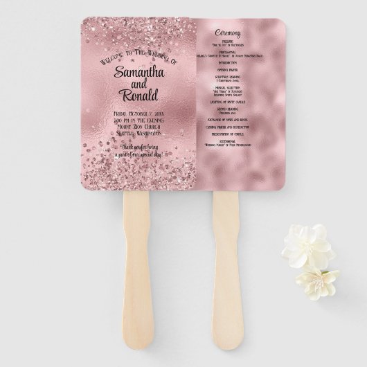 Elegante Faux Roze Glitter en Folie Trouwprogramma Handwaaier (Voorkant en achterkant)