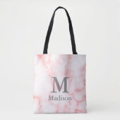 Elegante Faux Roze Marmeren Naam Monogram Sjabloon Tote Bag (Voorkant)