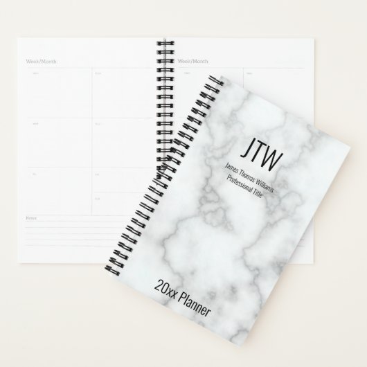 Elegante Faux White Marble Monogrammed 2025 Planner (Display)