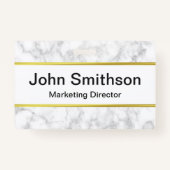 Elegante Faux Wit Marmer Zwart Naam Job Titel Badge (Achterkant)