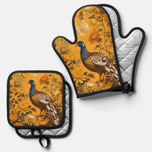 Elegante fazant William Morris geïnspireerd Ovenwant & Pannenlap Set (Voorkant / Achterkant)
