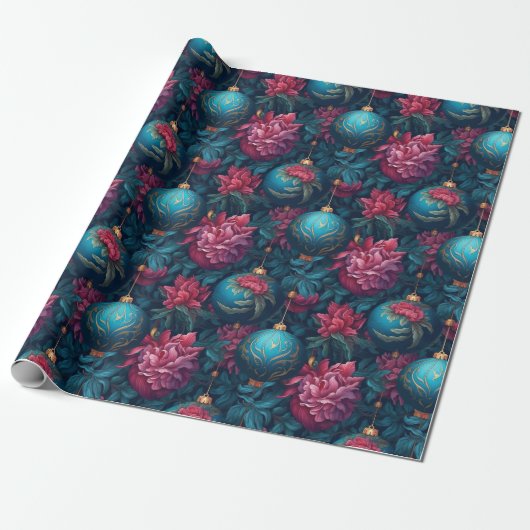 Elegante Feestelijke Bloemen en Baubles Wrapping P Cadeaupapier (Uitgerold)